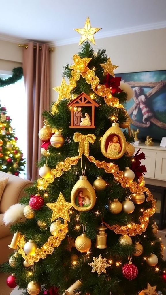 Christmas Tree Decorations Inspired by Jesus A Christmas tree decorated with religious ornaments and lights, symbolizing the birth of Jesus.